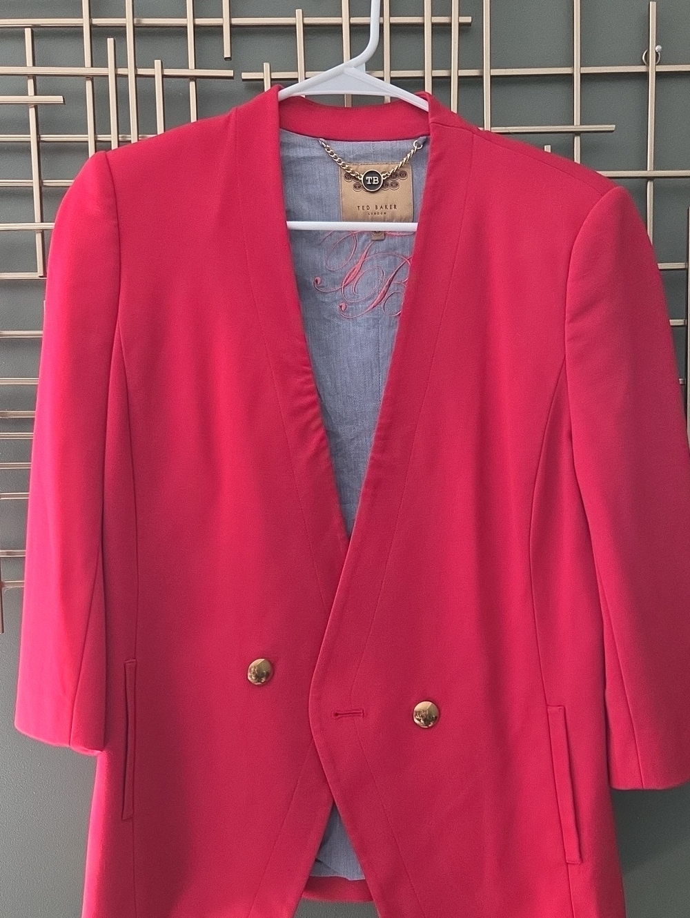 Ted Baker Hot Pink Double-Breasted Blazer with Gold Buttons, Size 3
